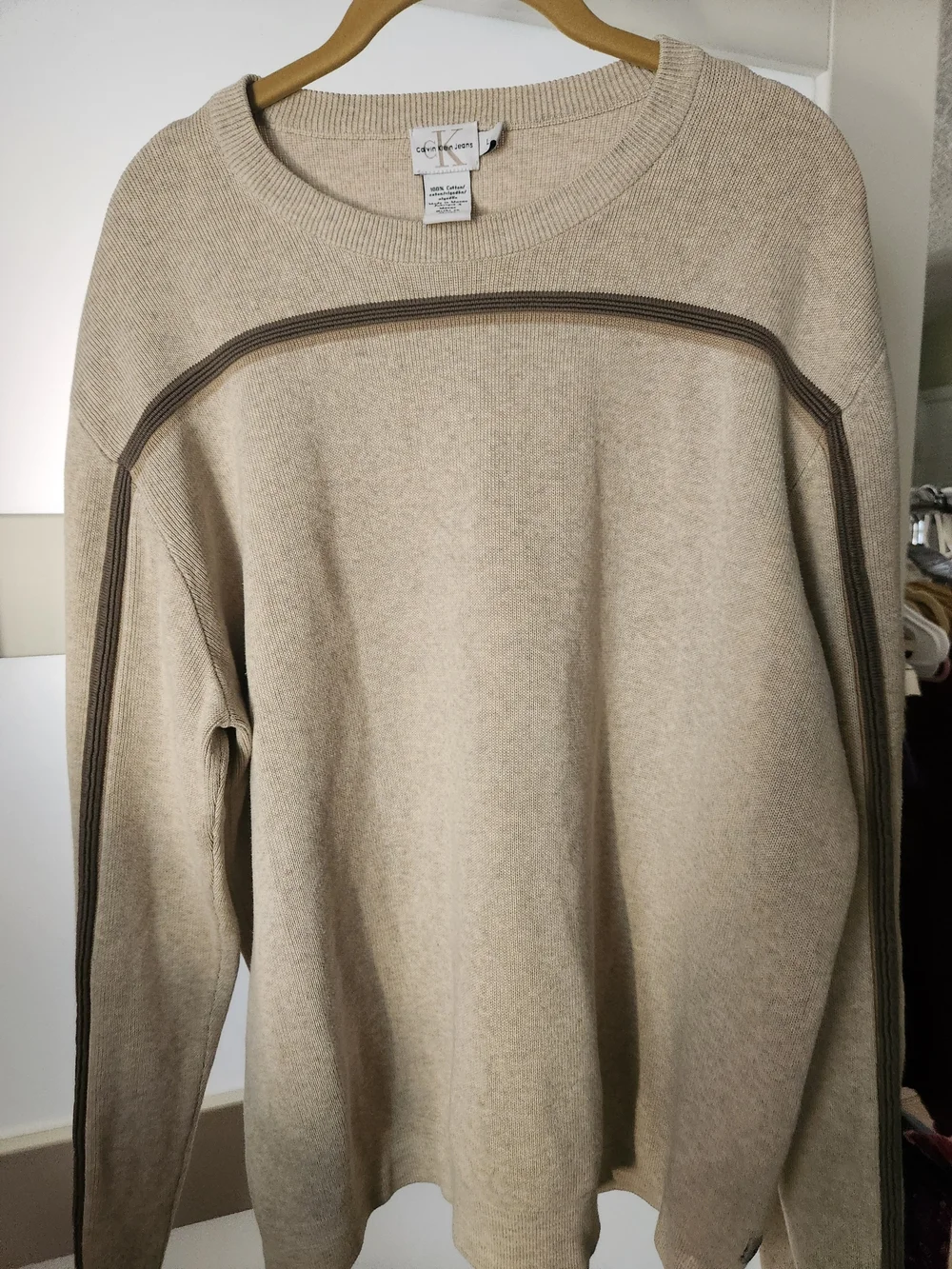 Calvin Klein Jeans Men's Cream Crewneck Sweater with Brown Accent
